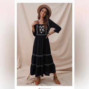 Black Floral 3/4 Length Sleeve Square Neck Maxi Dress